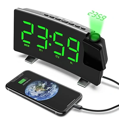 Afbeelding van Vorrinc Projectiewekker, digitale wekker, radiowekker met projectie, 180 graden, USB aansluiting, dubbel alarm, sluimerfunctie, 12/24 uur, 3 projectielampen automatische dimmer, voor slaapkamer en plafond (groen)