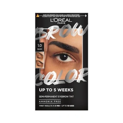 Afbeelding van L&#039;Oréal Paris, Semi permanente wenkbrauwtint, duurt tot 5 weken, zichtbare resultaten in minuten, 10 toepassingen, ammoniakvrij, wenkbrauwkleur, schaduw: 1,0 zwart