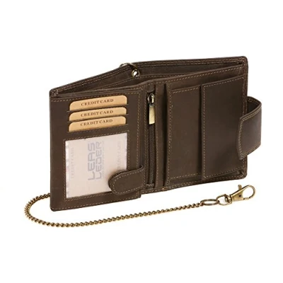 Afbeelding van LEAS MCL Biker portemonnee voor dames en heren met ketting buitensluiting in vintage stijl (inclusief geschenkdoos), echt leer, Bruin, 12x10cm, Klassiek