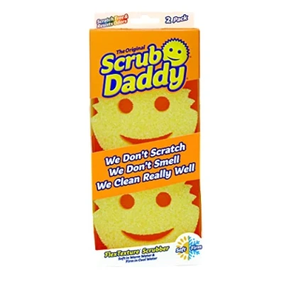 Afbeelding van Scrub Daddy Originele smiley spons, universele reinigingsspons, schuurspons, krasvrije afwasspons voor keuken, servies en pannenreiniger, geurbestendig, vaatwasmachinebestendig, geel 2 Pack