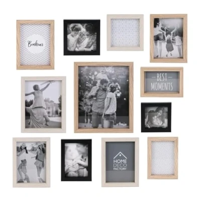 Afbeelding van THE HOME Deco FACTORY HD4228 Cadre Photo Multiple Pele Mele 12 Vues Souvenirs, Bois MDF, 22,5x2x27,5 cm Beige/Crème/Noir