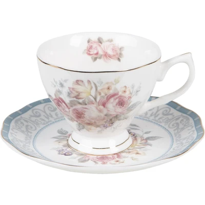 Afbeelding van Clayre &amp; Eef Kop en schotel 220 ml Wit Porselein Bloemen Servies