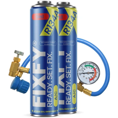 Afbeelding van FIXFY 5 in 1 koudemiddelvervanging R134a met olie, droger, afdichtmiddel, gas en uv kleurstof, set slang manometer, 2 x 500 ml blikjes, voor het zelf vullen van de airconditioning auto&#039;s