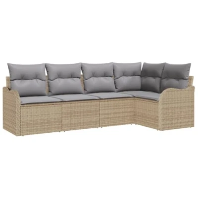 Afbeelding van vidaXL 5 Delige Tuin Sofa Set met Kussens Beige Poly Rattan, 2 Zits Opslag &amp; Rattan