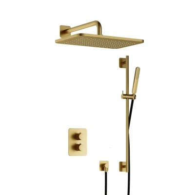 Afbeelding van Hotbath Gal Regendoucheset IBS40A Geborsteld Messing PVD Staaf Handdouche 40cm Hoofddouche Wandarm met glijstang