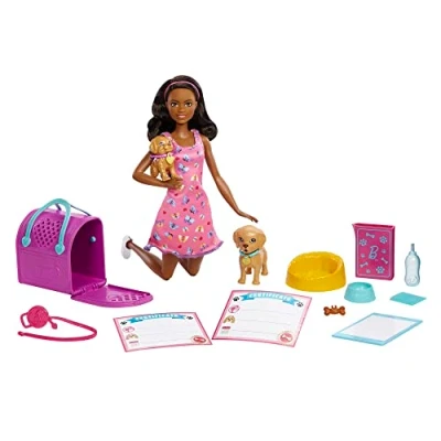 Afbeelding van Barbie Poppen en Accessoires Pup Adopteren, speelset met pop, brunette, in roze, 2 puppy&#039;s, van kleurveranderend dier hondentoilet, werkende reismand 10 onderdelen, HKD87