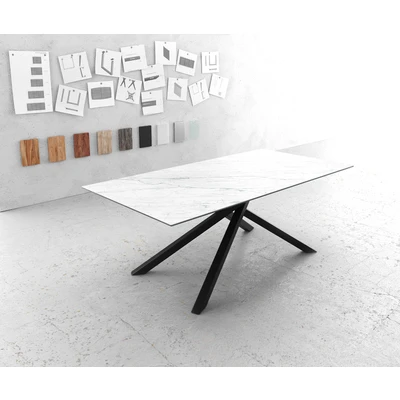 Afbeelding van Eettafel Edge Laminam® keramiek wit 200x100cm middenvoet kruis zwart