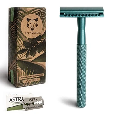 Afbeelding van ANYMALE® Azure Edition Scheermesje, inclusief 5 Astra messen, plasticvrij scheerapparaat voor dames en heren