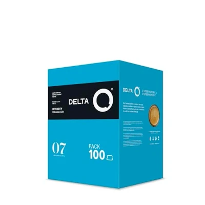 Afbeelding van Delta Q DeQafeinatus Gemalen Koffiecapsules 100 Capsules Intensiteit 7 Compatibel met koffiezetapparaten Intense Cafeïnevrije Espresso Karameltoetsen