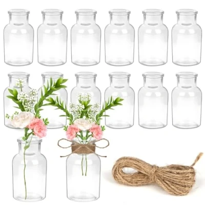 Afbeelding van YSWOVUO Set van 12 kleine glazen vazen, 125 ml mini vazen met 5 m jute koord, 10,3 cm hoge bloemenvazen, vazendecoratie, voor tafeldecoratie thuis, bruiloften, verjaardagen, feesten,