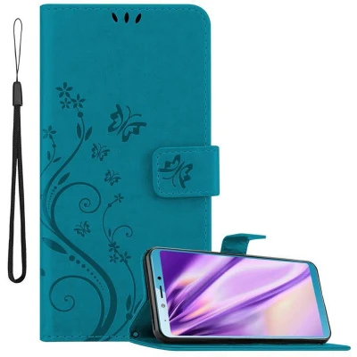 Afbeelding van Cadorabo Hoesje geschikt voor Samsung Galaxy A6s in BLOEMEN BLAUW Beschermhoes bloemmotief met magnetische sluiting, standfunctie en kaartsleuven Book Case Cover Etui