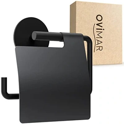 Afbeelding van ovimar toiletrolhouder Tromoy zonder boren zwart zelfklevend in roestvrij staal deksel met soft close mechanisme mat om te plakken