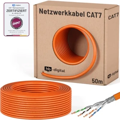 Afbeelding van Hb digital 50 m CAT.7 Netwerkkabel, LAN kabel, installatiekabel, AWG, 23 puur koper S/FTP PiMF LSZH, halogeenvrij, RoHS compliant, Ethernet datakabel, PoE, 10Gbit/s, GHMT gecertificeerd, oranje