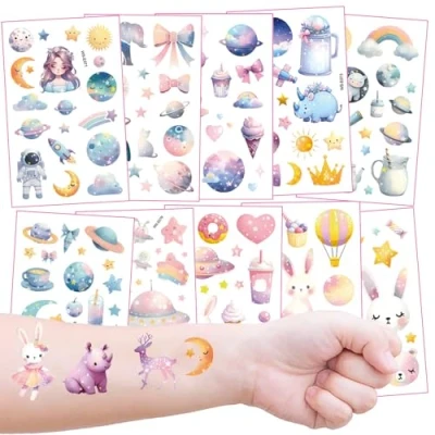 Afbeelding van Glitterruimtetatoeages voor meisjes, huidvriendelijke kindvriendelijke ontwerpen, fantasie kindertatoeages als verjaardagscadeau of cadeau idee