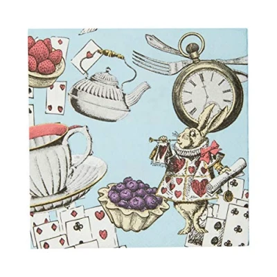 Afbeelding van Set van 20 blauwe Alice in Wonderland Cocktail Servetten Wegwerpservies, recyclebaar voor thuis Feestartikelen Mad Hatter Tea Party, Verjaardag, Middagthee, Moederdag, Babyshower, Decoupage