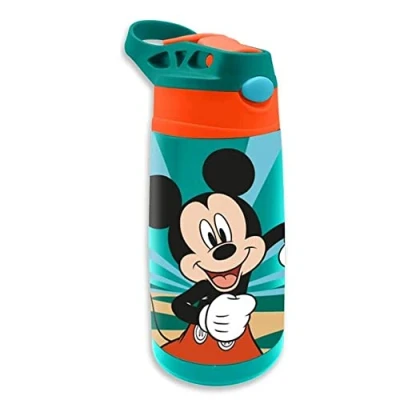 Afbeelding van drinkfles staal 450 ml Micky Mouse, hoogwaardige thermische van roestvrij met push pull systeem, rietje en dop, KL85936, Kids Licensing