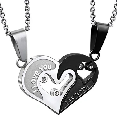 Afbeelding van 2 stuks roestvrijstalen ketting vriendin en vriend vriendschap, halsketting voor dames heren paar kettingen hem haar, hartketting met hanger, paren, liefde, zilver, zwart, 50 cm