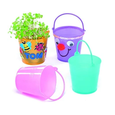 Afbeelding van Baker Ross EF662 Mini plastic emmer voor kinderen om te versieren en spelen, tuin natuur, 6 stuks, Meerkleurig