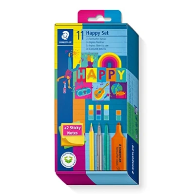 Afbeelding van STAEDTLER Pennenset, in de kleurrijke Happy colours, 2 markeerstiften, 3 viltstiften, fineliners, kleurpotloden, zelfklevende notitieblokken, voor markeren, schrijven en schilderen, 61 SC2 HA