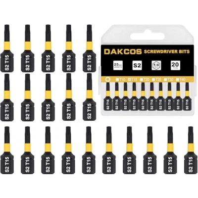 Afbeelding van DAKCOS T15 Bit, Torx Bit T15, S2 assortiment, 1/4 inch zeskantschacht (lengte: 25 mm, 20 stuks)