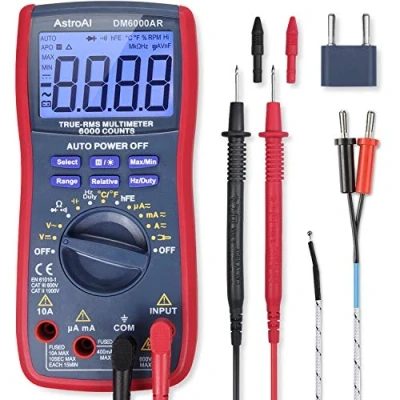 Afbeelding van AstroAI Multimeter, digitaal, true RMS 6000 Counts, meet AC/DC spanning, stroom, weerstand, continuïteit, capaciteit, frequentie, testdiodes, transistors en temperatuur, rood