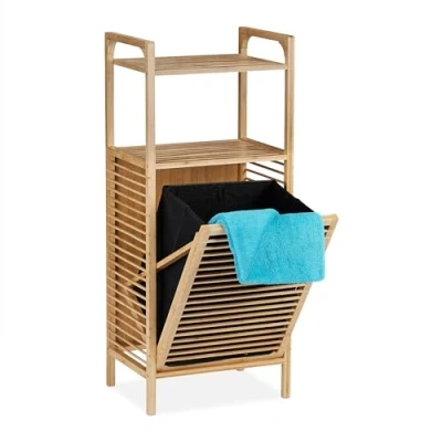 Afbeelding van Relaxdays wasmand rek, bamboe, 2 planken, HxBxD: 95 x 40 30 cm, badkamerrek stof, uitklapbaar, natuur/zwart