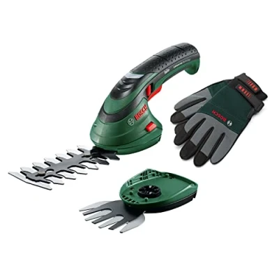 Afbeelding van Bosch Home and Garden 060083310C Isio grastrimmerset met accu (3,6 volt, bladlengte 12 cm, mesafstand 8 mm, inclusief XL tuinhandschoenen) Amazon Edition