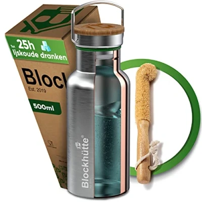 Afbeelding van Blockhütte Premium roestvrij staal geïsoleerde waterfles I 500ml met natuurlijk varkenshaar borstel geïsoleerd lekvrij water bottle vaatwasser veilig voor sport en ontspanning BPA vrij