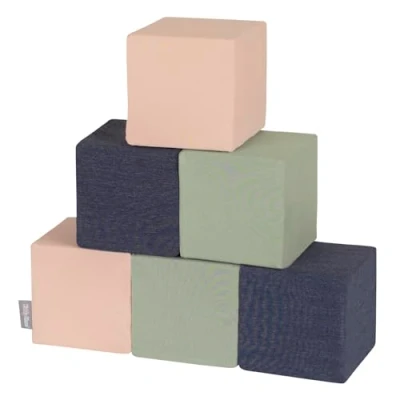 Afbeelding van KiddyMoon Schuimkubussen Voor Baby Zachte Blokken 6 Stuks Schuim Speelgoed Montessori Met En Veel Plezier Kinderen, Gemaakt in de EU, Blokken: Donkerblauw Beige Salie Kleuren