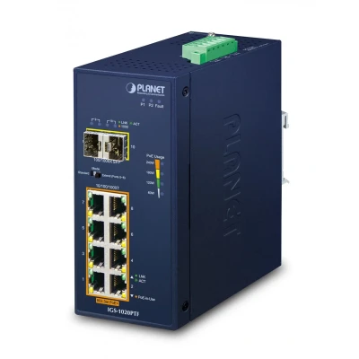 Afbeelding van Planet Industrieel 8 poorts GE 802.3at PoE + 2 100/1000X SFP (8 Havens), Netwerkschakelaar, Blauw