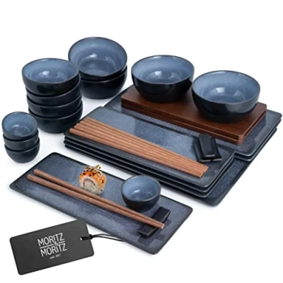 Afbeelding van Moritz &amp; VIDA 29 delige sushiserviesset voor 4 personen, sushiserveerset met 3 x sushibladen, sushiborden, misoschaal, schaaltjes en stokjes.