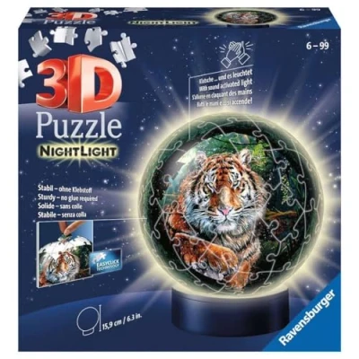 Afbeelding van Ravensburger 3D Puzzle 11248 Nachtlicht Ball Raubkatzen 72 Tegels vanaf 6 jaar, LED bedlampje met klapmechanisme: puzzels in de 3e dimensie beleven,Geel