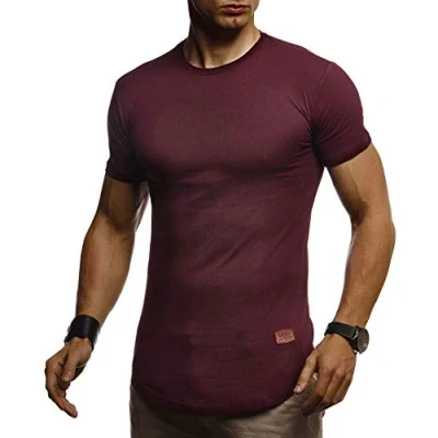 Afbeelding van Leif Nelson Zomer T shirt voor heren met ronde hals, slimfit, katoenaandeel, cool wit zwart basic shirt, korte mouwen, lang, LN8294, wijnrood, XXL