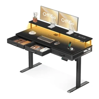 Afbeelding van OffiGo Elektrisch bureau met laden, 140 cm, in hoogte verstelbaar monitorstandaard, gamingtafel stopcontacten en lichtstrip, tafel verstelbaar, bureautafel, zwart