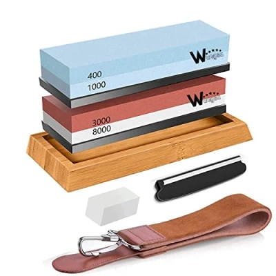 Afbeelding van Slijpstenen slijpsteen set voor meten professionele wetsteen correl 400/1000 3000/8000 met antislip bamboe voet, plaatsteen, hoekgeleiding, leerstrips