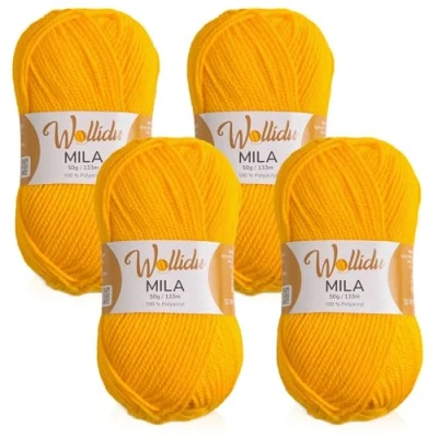 Afbeelding van Wollidu Mila garen voor haken en breien, 4 x 50 g/133 m, breigaren, 100% polyacryl, haakgaren, geel