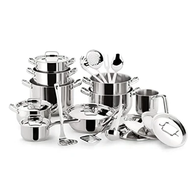 Afbeelding van Lagostina Sfisiosa Acciaio 24 delig (hoge kookpan 18/22/24 cm + 18/22/26 ondiepe pan steelpan 14 melkpot 12 deksels14/18x2/22x2/24x2/26 7 accessories)