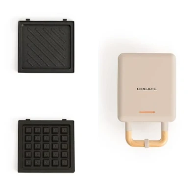 Afbeelding van CREATE Stone Studio sandwich broodrooster en wafelijzer met sandwichgrill / 2 verwisselbare platen: wafeltje, anti aanbaklaag, 1 snede, opening 100 graden, automatische uitschakeling,