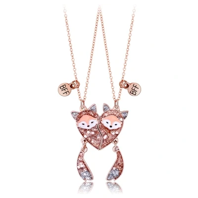 Afbeelding van Bixorp Friends BFF Ketting voor 2 met Magnetische Vosjes Hartje Roze Glitters Vriendschapsketting