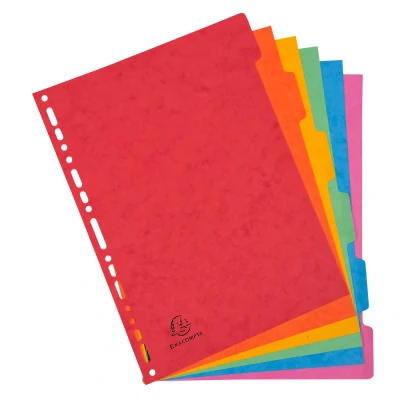 Afbeelding van Exacompta ref. 89H Stevige glanskartonnen tabbladen 400g/m2 FSC® met 6 neutrale tabs Indexeringsblad meegeleverd Formaat A4 Afmetingen: 22,5x29,7cm geassorteerde kleuren