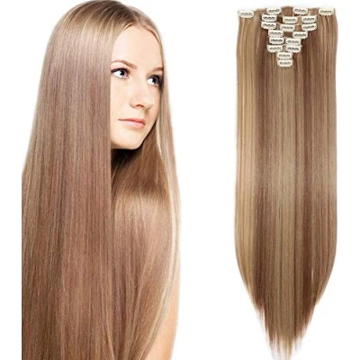 Afbeelding van SEGO clip in extensions haarverlenging haarstuk 8 strengen zoals echt haar steil lichtbruin &amp; asblond 26&quot;(66cm) 140g
