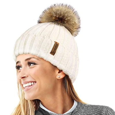 Afbeelding van TOSKATOK® Warme wintermuts voor dames, wollige gebreide muts met afneembare dikke pompon van imitatiebont, Crème, One size