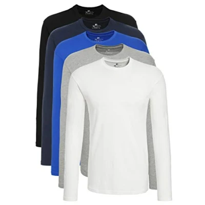 Afbeelding van Lower East Heren Shirt met lange mouwen en ronde hals, gemaakt van 100% katoen, Zwart/wit/grijs/donkerblauw/koningsblauw, set 5, M