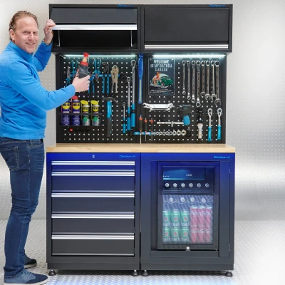 Afbeelding van Datona Werkplaatsinrichting PREMIUM Eiken Werkblad Met Koelkast 135cm Breed (136x48x200) Zwart