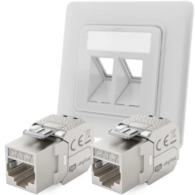 Afbeelding van hb digital Set: netwerkdoos 2 poorten RAL9003 signaalwit + 2x Cat.7 Keystone RJ45 module Jack inbouwdoos voudige aansluitdoos LAN Ethernet aansluiting netwerkinstallatie 1000MHz 10 Gbit/s STP