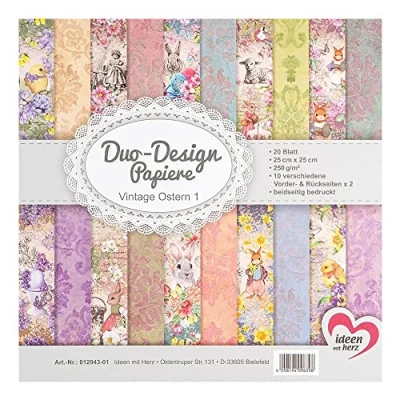 Afbeelding van Ideen mit Herz Duo designpapier, blok met 20 vellen knutselpapier, 25 x cm, 250 g/m², aan beide zijden bedrukt, motiefpapier, ideaal voor scrapbooking, knutselen, vintage Pasen 01