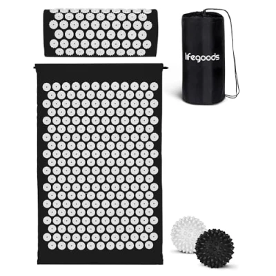 Afbeelding van LifeGoods Acupressuur Mat met Kussen, 2x Triggerpoint Massage Ballen en Draagtas Spijkermat voor Ontspanning Pijnverlichting Acupunctuur Set Lotus Shakti Zwart &amp; Wit