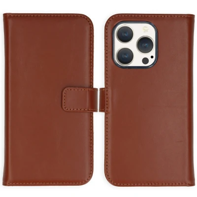 Afbeelding van Apple iPhone 15 Pro Hoesje Echt leder Selencia Bookcase Lichtbruin Telefoonhoesje