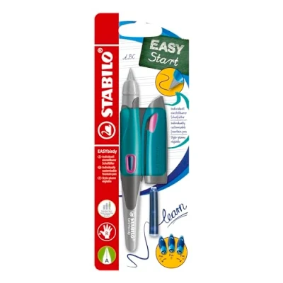 Afbeelding van Ergonomische schoolpen voor rechtshandigen met beginnersveer A STABILO EasyBirdy in turkoois/neonroze enkele pen inclusief cartridge en instelgereedschap schrijfkleur blauw