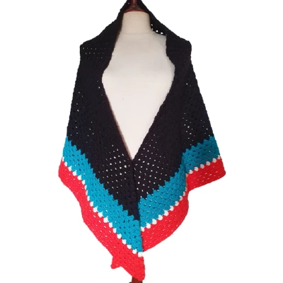 Afbeelding van Handgemaakte Omslagdoek Sjaal Stola Poncho Cape Gehaakt Wolblend Blauw Wit Rood